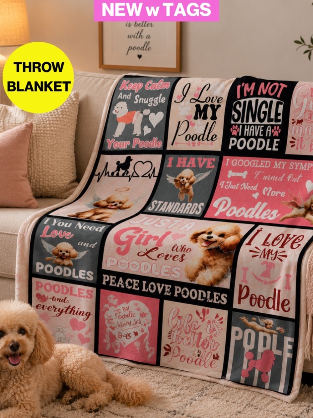 2/for $20 🪩 NEW Pink Poodle Collage Throw Blanket (Size: 3x4 feet)